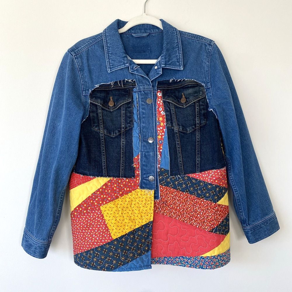 Upcycled Handmade Denim Jean Jacket Craft Recycled Patchwork Button Up Size XS/S